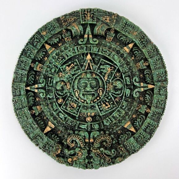 VTG Aztec Mayan Calendar Green Crush Malachite Stone Wall Hanging Decor Mexico - Picture 1 of 7
